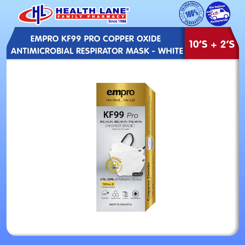 EMPRO KF99 PRO COPPER OXIDE ANTIMIKROB RESPIRATOR MASK (WHITE) - 10'S